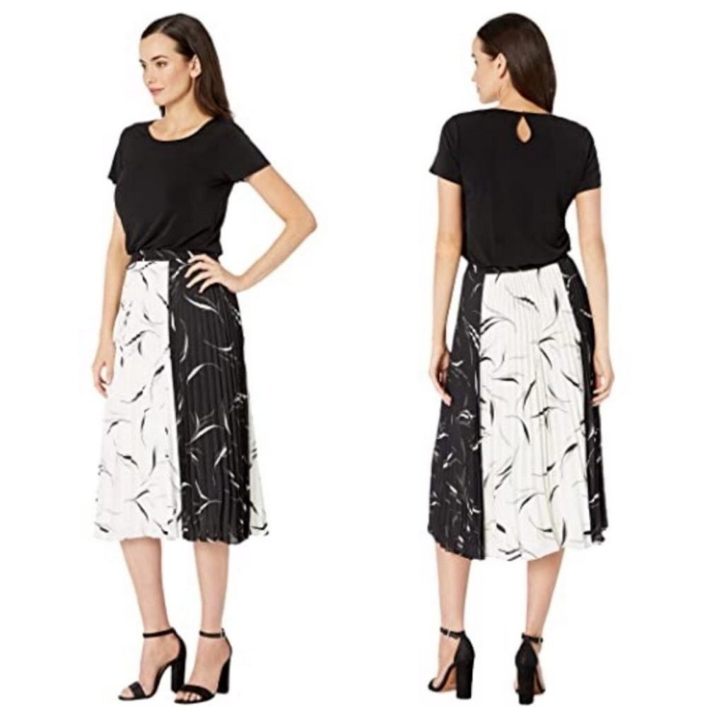 NEW Donna Morgan Black Midi Dress Short Sleeves Size 14 Pleated Skirt Minimalist